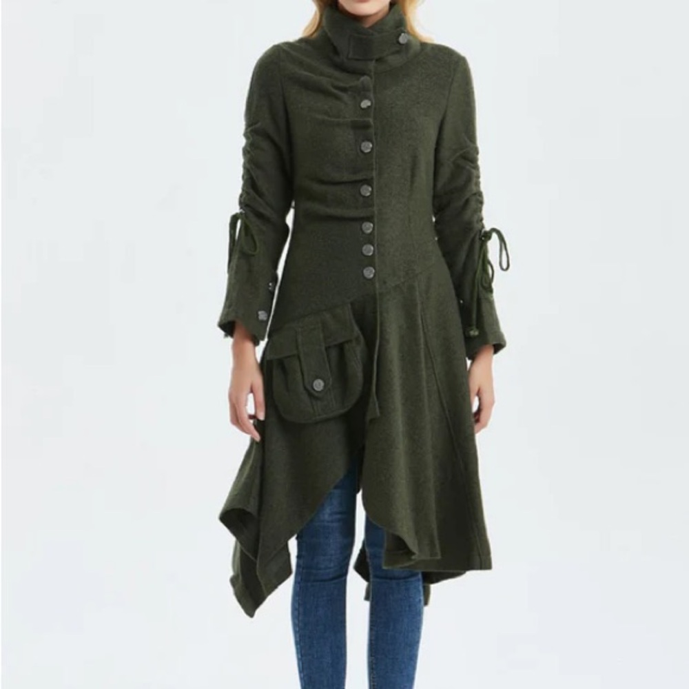 Euro Designer Unique Avant Garde Dark Grey/ Green Asymmetrical Coat